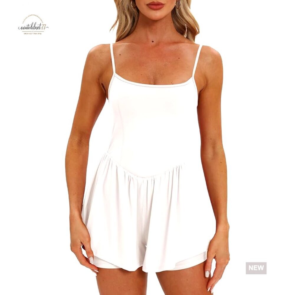 Small Athletic Romper Sleeveless Spaghetti Strap Double Lined Shorts Jumpsuit